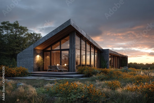 modern cabin with large windows at sunset