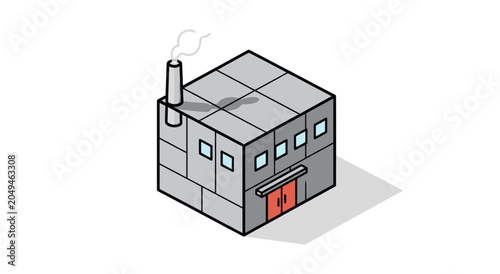 Isometric factory building with smoking chimney and red door.