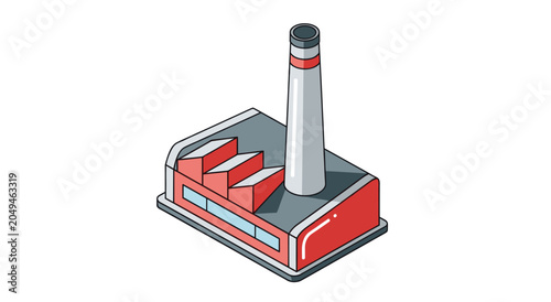 Isometric factory building with tall chimney and red accents.