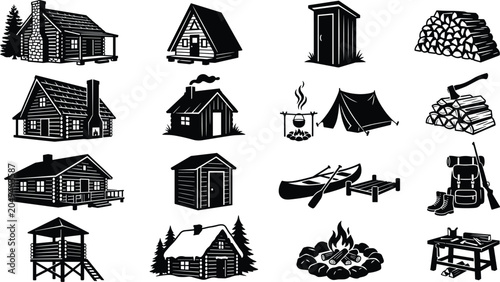 Obraz na płótnie Cartoon silhouette icons of rustic cabins, camping gear, campfire, canoe, backpa