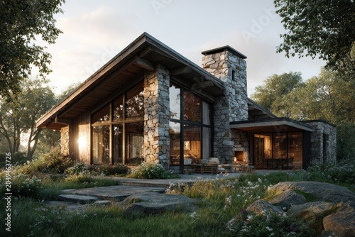 rustic cabin with stone pillars surrounded by nature