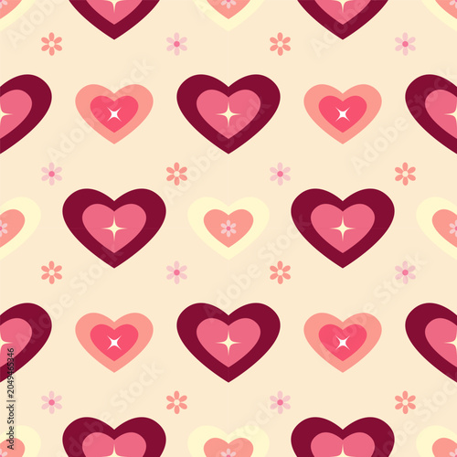Retro Y2K heart seamless pattern background. Sweet romantic heart and flower vector pattern illustration. Groovy 90s 200s style heart backdrop for valentine day