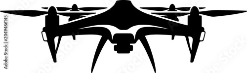Black drone silhouette, aerial vehicle icon, quadcopter, unmanned aircraft