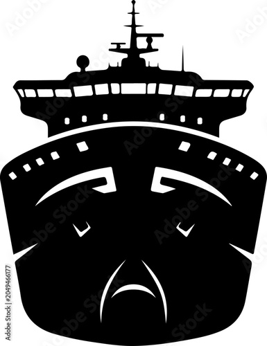 Angry ship face, vessel silhouette, black icon, white background, emotive graphic