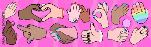 Vector of diverse hands in various gestures on a pink background.