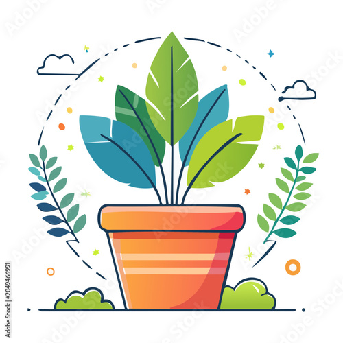 Flat design potted plant with green leaves and orange pot