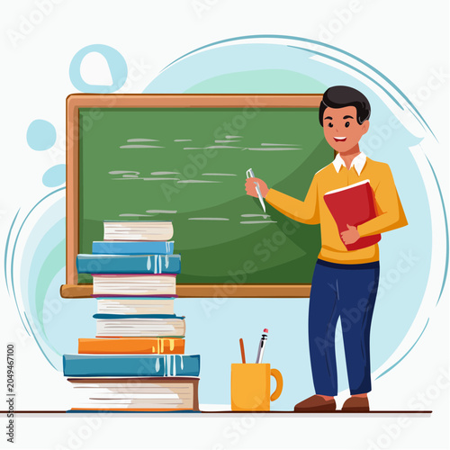 Teacher with Books and Chalkboard