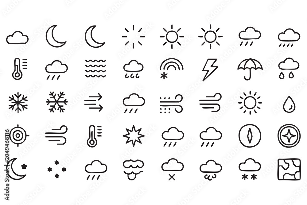 Fototapeta premium Climate and Meteorology Line Icon Set with Storm, Temperature, Rainbow and Wind Graphics