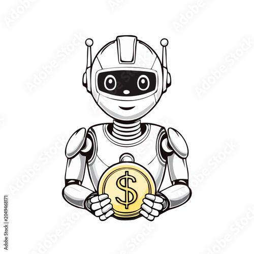 AI Finance Assistant Icon with Robo Advisor Robot Holding Dollar Coin Monochrome Vector