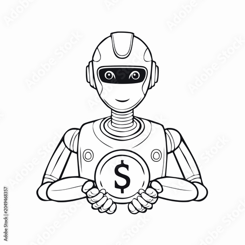 Robo Advisor Robot Holding Dollar Coin Icon for Fintech and Digital Banking Vector