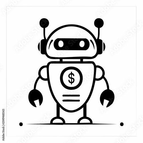 Robo Advisor Financial Technology Robot Icon with Dollar Symbol Monochrome Vector Illustration