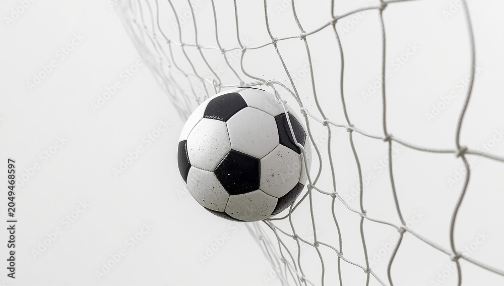 Fototapeta premium Soccer Ball Hitting Goal Net on White Background, Football Score Concept