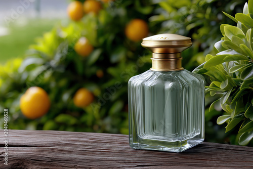 Perfume bottle glass fragrance gold cap wooden table, elegant cosmetic packaging outdoors beside citrus foliage with soft bokeh, fresh summer mood