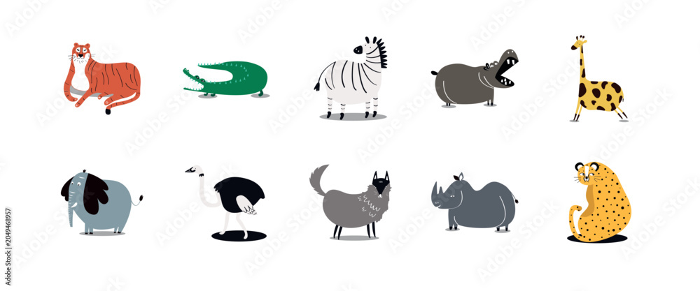 Fototapeta premium Vector illustration of various cartoon animals in a playful style.