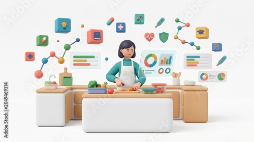3D flat vector illustration of a woman in a modern coworking space collaborating with diverse team members on laptops