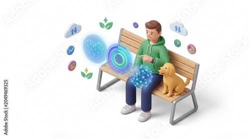 3D flat vector illustration of an AI wellness companion assisting a relaxed user in a smart urban park with green technology