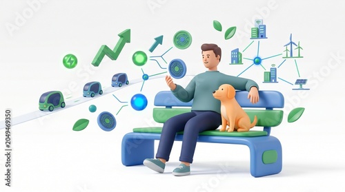 3D flat vector illustration of sustainable finance and smart mobility ecosystem featuring electric vehicles and green investments