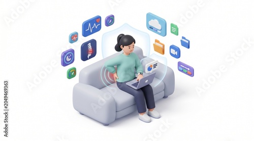 3D flat vector art of a woman sitting on a rounded futuristic chair while using a holographic interface for productivity