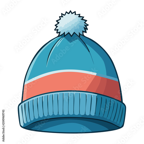 Blue winter hat with pompom and orange stripe
