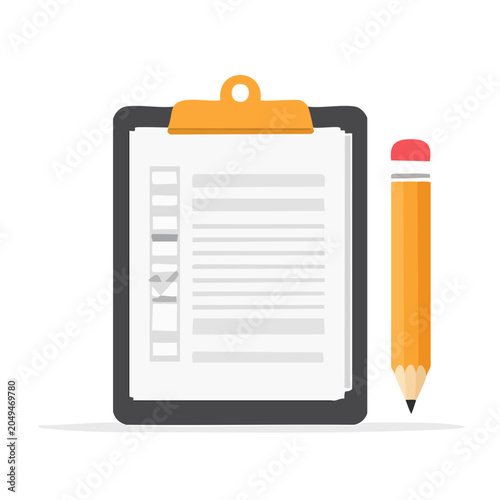 Clipboard with checklist and pencil, flat design