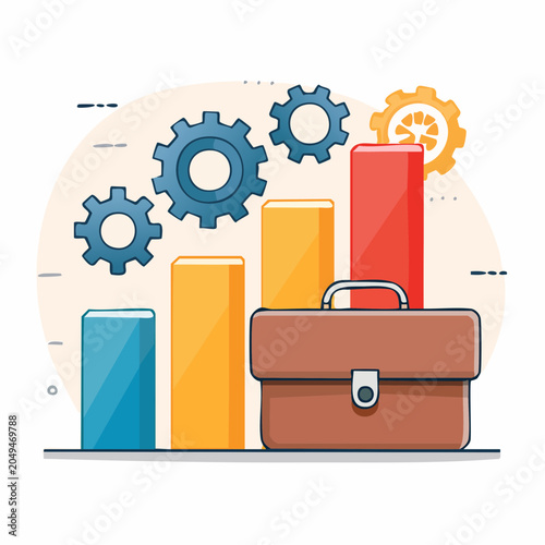 Business growth concept with briefcase, gears and bar chart