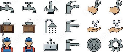 Fotografía Plumbing Service and Home Repair Color Line Icon Set with Faucets Showerheads Ba