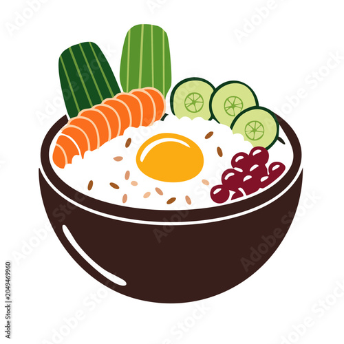 Flat design illustration of a salmon rice bowl with egg and cucumber