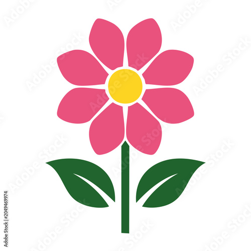 Flat design pink flower with yellow center and green leaves