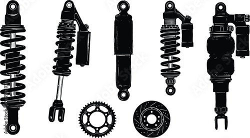 Tableau sur toile Shock Absorbers And Vehicle Elements Black Silhouette On White Background