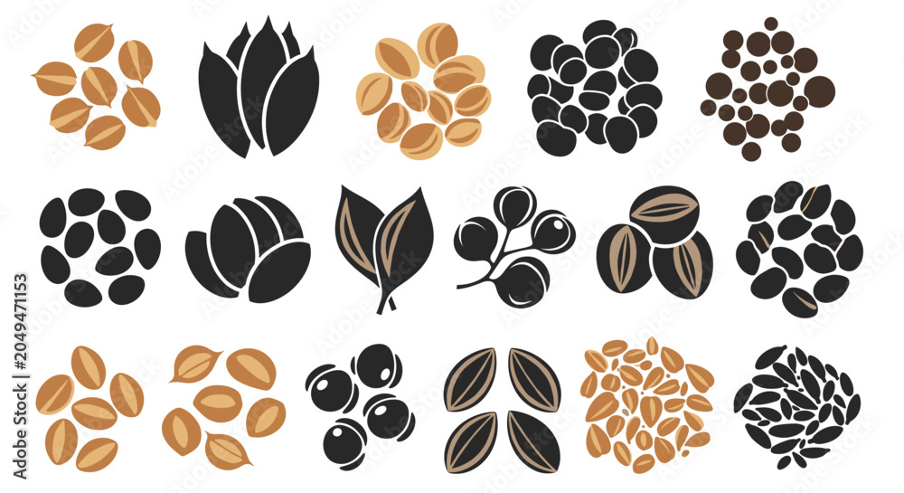 Fototapeta premium Collection of various seed and grain icons featuring coffee beans corn wheat and other agricultural plant seeds.