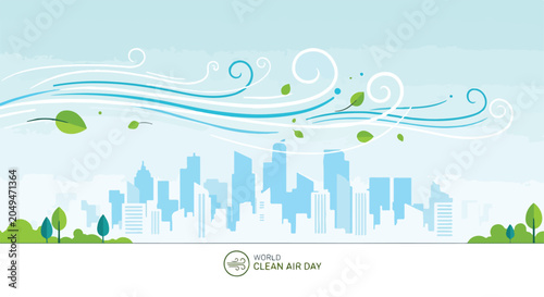 A city skyline with green leaves and blue waves