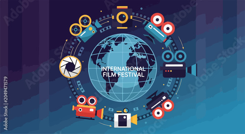 Schilderij op canvas Vibrant film festival graphic with globe and cameras