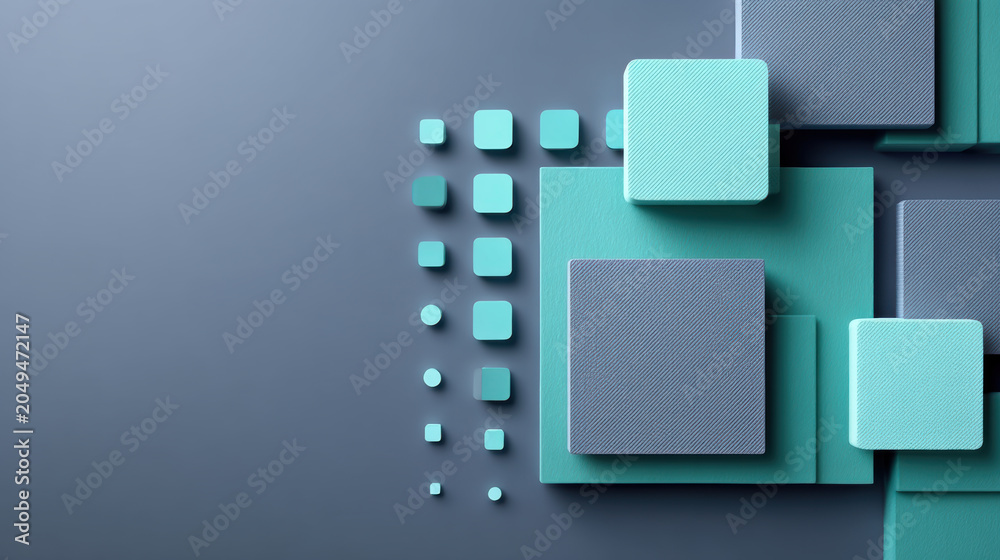Obraz premium Abstract geometric three dimensional teal navy blue cube square composition with layered blocks and dotted grid on dark background, modern design