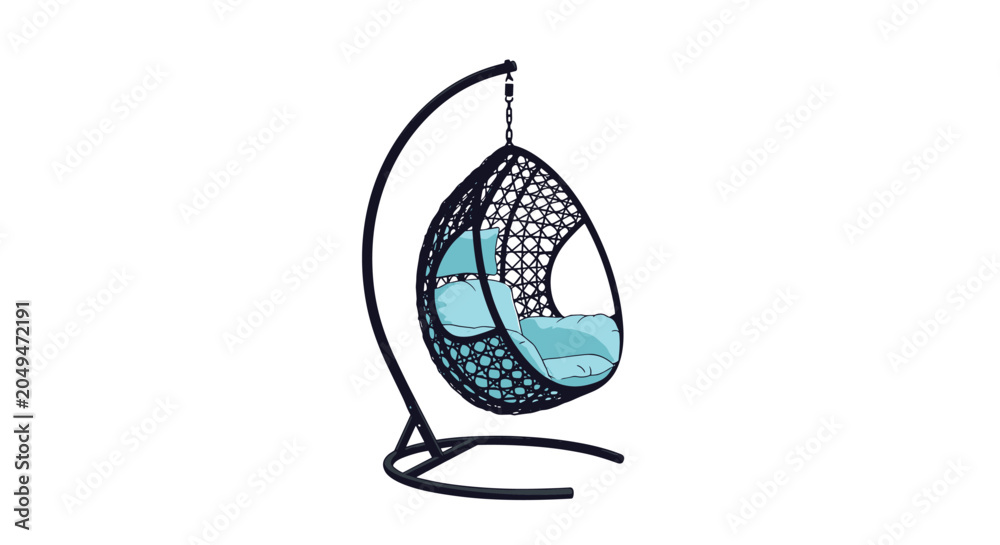 Fototapeta premium Stylish black wicker hanging egg chair with comfortable light blue cushions stands on a sturdy metal frame against white background.