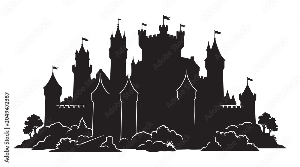 Naklejka premium Medieval castle with trees and hills black silhouette
