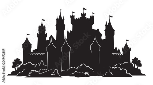 Foto Medieval castle with trees and hills black silhouette