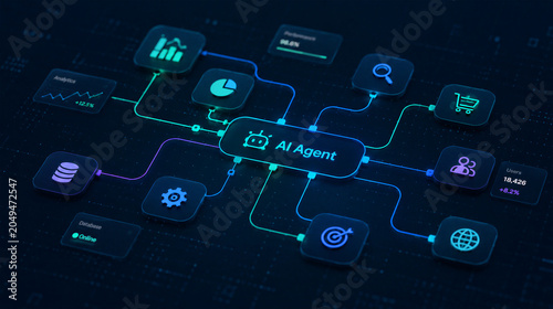 Konstfotografi An abstract 3D rendering of an artificial intelligence workflow automation software interface