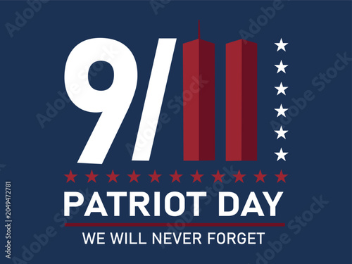Patriot day 911 graphic with twin towers and stars on blue background