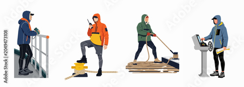 Cuadro en lienzo Vector illustration set of maritime workers performing various tasks like docking, navigating, and communicating on a ship or harbor