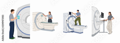 Bild auf Leinwand Set of flat illustrations featuring healthcare professionals and technicians operating magnetic resonance imaging (MRI) scanners and medical diagnostic equipment in hospital settings
