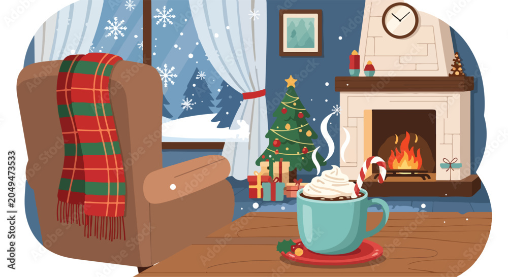 Obraz premium A cozy living room scene with a warm fireplace and Christmas decor