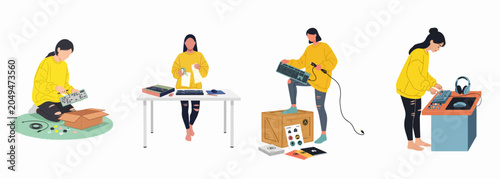 Bilde på lerret Flat vector illustration set of a young woman building, unboxing, and testing custom mechanical keyboards and gaming peripherals in various scenes