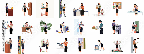 Foto Set of Illustrations of a Legal Assistant or Office Secretary Performing Various Clerical Tasks, Organizing Files, and Handling Legal Documents