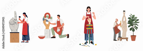 Obraz na plátně Flat illustration set of diverse artists working on hand-themed and abstract sculptures in their workshop, isolated on white background