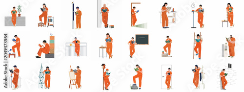 Bild auf Leinwand Collection of diverse prison inmates in orange jumpsuits reading books about restorative justice, illustrating themes of rehabilitation, education, and personal growth