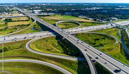 Aerial view of a sprawling highway interchange with multiple overpasses and curved ramps, traversing verdant fields and a distant cityscape