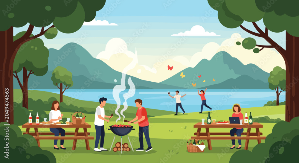 Fototapeta premium Group of friends enjoys a fun outdoor barbecue and picnic by a scenic lake with majestic mountains in the background.