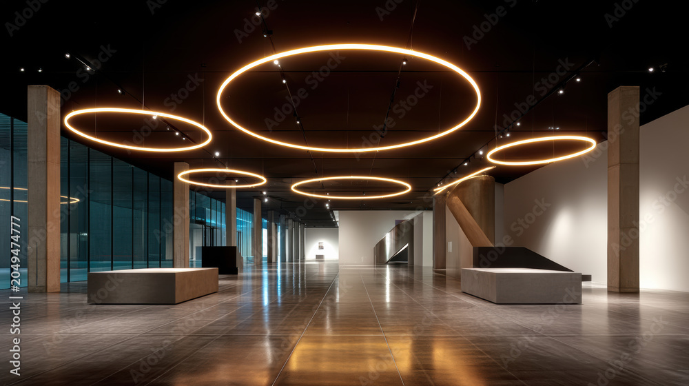 Naklejka premium Light installation modern interior art gallery ceiling light ring light minimalist architecture exhibition hall with circular glow