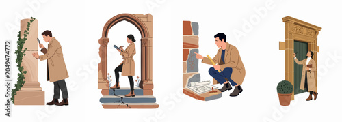Quadro su tela Illustrations of professional archaeologists and researchers examining ancient stone ruins, columns, and arches for historical study and architectural preservation
