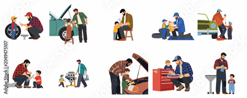 Schilderij op canvas Collection of illustrations featuring a father teaching his young son how to repair cars, depicting bonding, learning, and garage work scenes